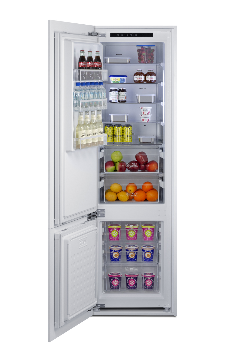 ENERGY STAR certified fully integrated bottom mount counter depth refrigerator-freezer with unfinished front to accept custom panels and fit 76 7/8